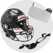 Images of a football helmet, visor, and chin strap