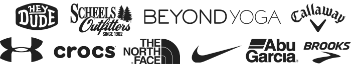 Logos for Crocs, Nike, Under Armour, Scheels Outfitters, Abu Garcia, Callaway, Brooks, Hey Dude, The North Face, and Beyond Yoga