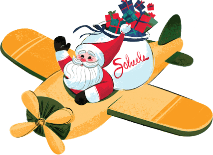 Santa flying a CERBE plane carrying toys and presents